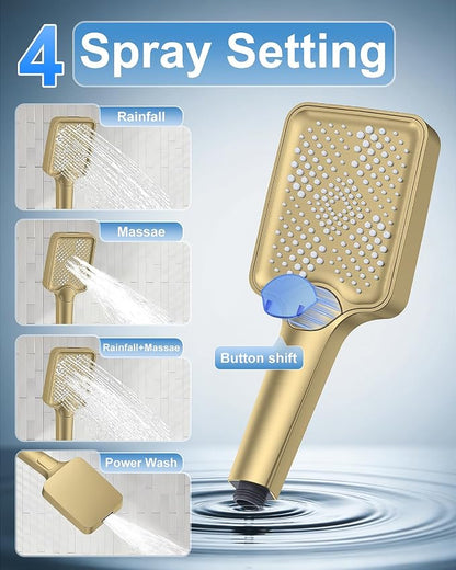 Shower System 13-Inch Rainfall Shower Head - 3 Setting Handheld Sprayer, Complete Bathroom Set with Faucet Mixer Trim Kit & Valve Brushed Gold
