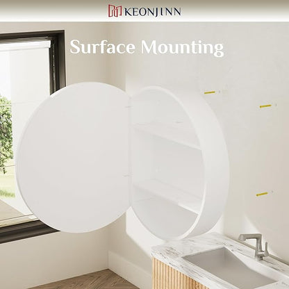 Keonjinn 20 Inch Round Medicine Cabinet with Mirror, White Surface Mount Only Mirror Medicine Cabinet, Modern Medicine Cabinets with Mirror, Metal Framed Bathroom Vanity Mirror with Storage