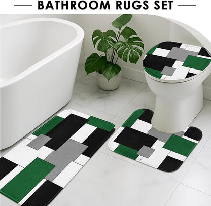 Bathroom Sets with Shower Curtain and Rugs, 4 Pcs, Geometric Green | Checkered Abstract Bathroom Decor Set with Toilet Lid Cover, Non-Slip Bath Mats and Accessories 12 Hooks