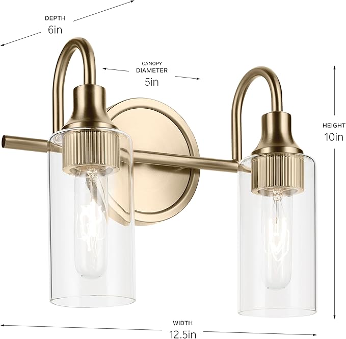 Kichler Kavi 12.5" 2-Light Vanity Light with Clear Glass in Champagne Bronze, Damp Rated, for Bathroom, Powder Room, Over a Mirror, (12.5" W x 10" H), 55210CPZ