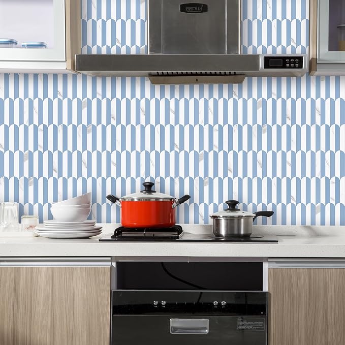 Vamos Tile Peel and Stick Backsplash Seamless Tile,Fish Scale,10 PVC Tiles | Stick on Backsplash for Kitchen & Bathroom,Light Blue and Statury White PVC Self Adhesive Mosaic Tiles 11.9''x10.8''