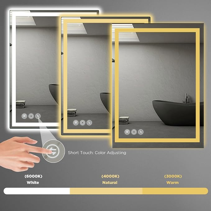 28" x 36" LED Bathroom Mirror with Lights, Memory Vanity Mirror | Anti-Fog, 3 Color Modes, Dimmable, Front Lit, Memory Function, Tempered Glass, Lighted Bathroom Mirror for Wall