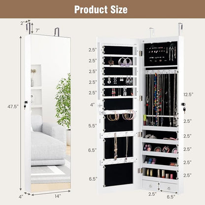 Moccha Wall Door Jewelry Armoire, Full Screen Jewelry Cabinet for Bedroom, Lockable Jewelry Cabinet, Jewelry Organizer Storage with 2 LED Lights and 2 Drawers, White