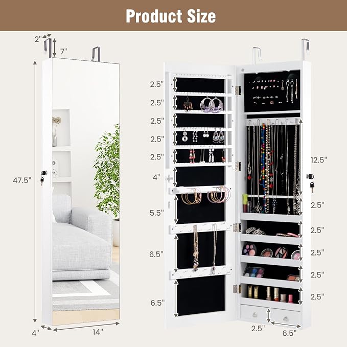 LOKO Mirrored Jewelry Armoire, Wall/Door Mounted Jewelry Cabinet with Full-Length Mirror, Lockable Jewelry Storage Organizer with 2 Drawers & 2 LED Lights, for Girls Women Gift Bedroom (White)