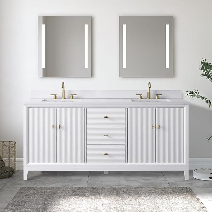 Vanity Art 72" Bathroom Vanity with Double Sink & Arabescato White Engineered Stone Top, Vanity Cabinet with Soft Closing Door, Solid Wood Frame, Golden Brushed Handles, White VA8172D-W-GB