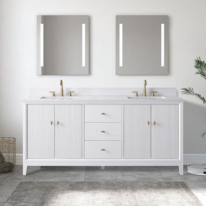 Vanity Art 72" Bathroom Vanity with Double Sink & Arabescato White Engineered Stone Top, Vanity Cabinet with Soft Closing Door, Solid Wood Frame, Golden Brushed Handles, White VA8172D-W-GB