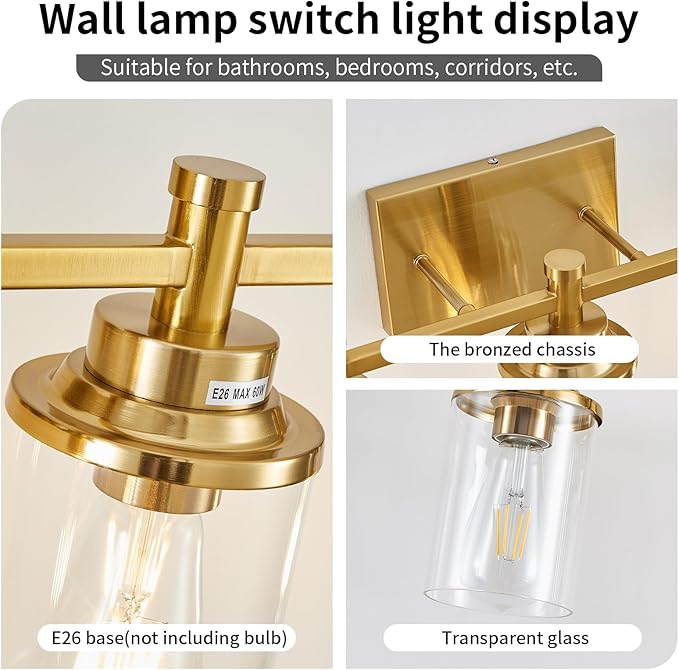 Brushed Brass Vanity Light, 6-Light Fixtures with Clear Glass Shades, Over Mirror, for Bathroom, Living Room, Hallway