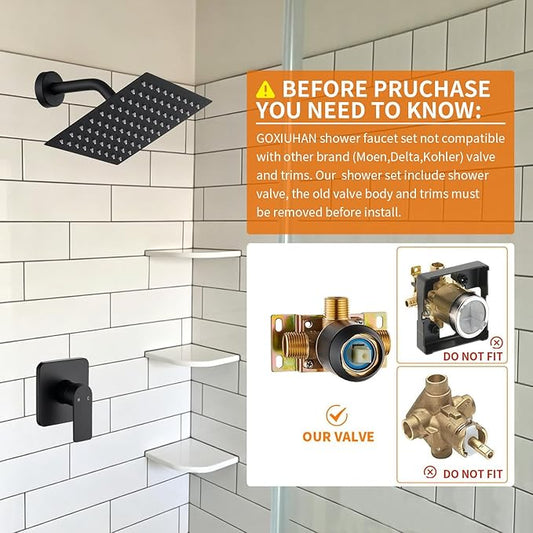 Black Shower Faucet Single Function Trim Kit with Rough-in Valve Set Bath Rainfall Shower System 8inch Square Stainless Steel Metal Shower Head
