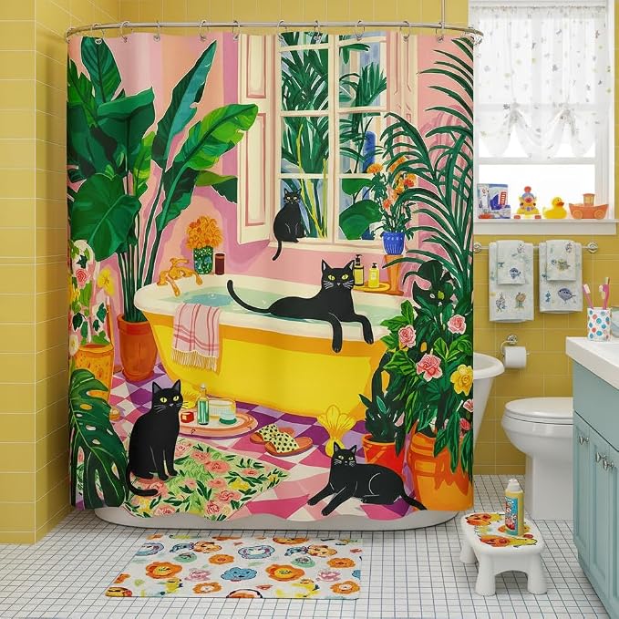 Accnicc Boho Cat Shower Curtain for Bathroom 72 X 78 Inches | Cute Funny Black Cats Matisse Long Shower Curtains, Tropical Plant Bathroom Decor, Water-Resistant Washable Polyester Fabric