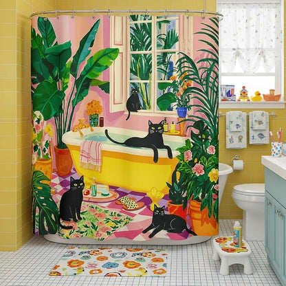 Accnicc Boho Cat Shower Curtain for Bathroom 72 X 78 Inches | Cute Funny Black Cats Matisse Long Shower Curtains, Tropical Plant Bathroom Decor, Water-Resistant Washable Polyester Fabric