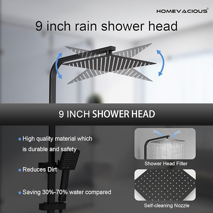 Homevacious Wall Mount Outdoor Shower Kit 9 Inch Rainfall Shower Head Handheld Spray Single handle Center Exposed Shower with Square Shower Head Matte Black