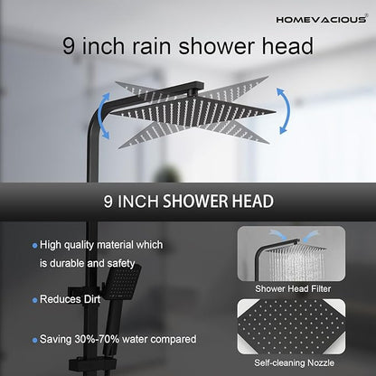 Homevacious Wall Mount Outdoor Shower Kit 9 Inch Rainfall Shower Head Handheld Spray Single handle Center Exposed Shower with Square Shower Head Matte Black
