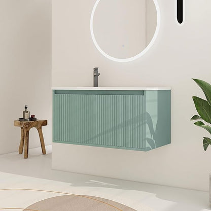 36 Inch Bathroom Vanity with Sink, 36" Floating Vanity, Premium Plywood Wooden Bathroom Cabinet with Soft Close Doors and Waterdrop-Shaped Resin Sink, Modern Wall Mounted Cabinet Set (Stripe Pattern)
