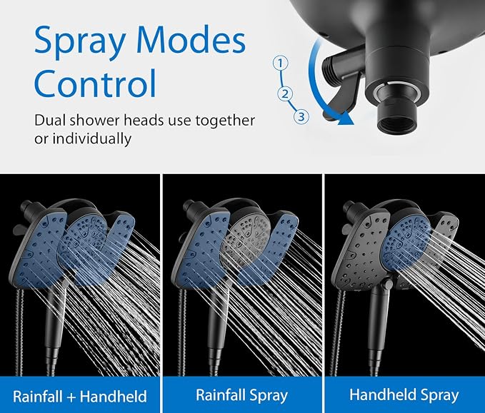 Rain Shower Head with Filtered Handheld Spray Combo Black 2.5 GPM | 10” Rainfall Showerhead with 9-Spray Detachable Handheld, High Pressure, ON/OFF Switch, 15-Stage Filter, Jet for Cleaning