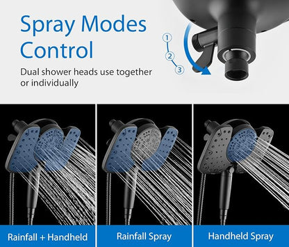 Rain Shower Head with Filtered Handheld Spray Combo Black 2.5 GPM | 10” Rainfall Showerhead with 9-Spray Detachable Handheld, High Pressure, ON/OFF Switch, 15-Stage Filter, Jet for Cleaning