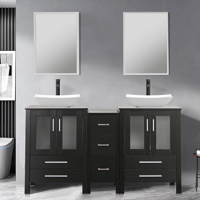 60" Double Sink Bathroom Vanity,Black Bathroom Vanity with Double Side Vanity Cabinets & Removable 3 Drawer Storage Cabinet,Modern Vessel Sink Combo,Mirror Not Included(032WH)
