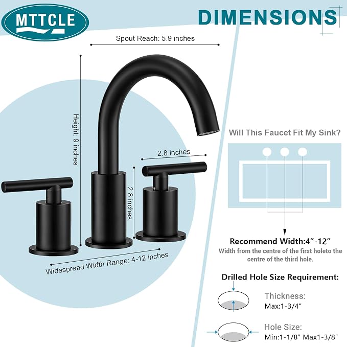 Matte Black Bathroom Faucet 3 Hole, 8 Inch Widespread, 2 Handle Bathroom Sink Faucet, Modern Vanity Faucet for Bathroom Sink with 360° Swivel Spout