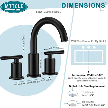 Matte Black Bathroom Faucet 3 Hole, 8 Inch Widespread, 2 Handle Bathroom Sink Faucet, Modern Vanity Faucet for Bathroom Sink with 360° Swivel Spout