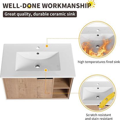 30 Inch Bathroom Vanity with Sink, 30" Single Sink Wall Mounted Bathroom Vanities with Open Storage Space and Ceramic Basin Top, Modern Bath Storage Cabinet Set for Small Space, Imitative Oak