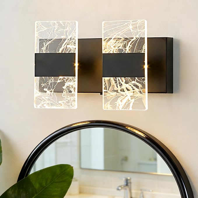 Matte Black Modern LED Bathroom 2-Light Vanity Light Over Mirror | 5CCT Adjustable Lighting, Smoked Acrylic LED Vanity Lights, Wall Sconces for Bathroom, Dimmable 6000K