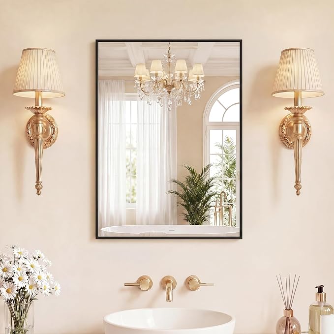 Sweetcrispy Bathroom Mirrors for Over Sink, 22" x 30" Rectangle Wall Mirror | Tempered Glass, Anti-Rust Metal Frame, Over Sink Home Decor, Modern Rectangle Style, Black