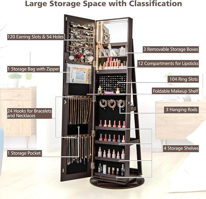 CHARMAID 360° Swivel Jewelry Armoire with Full Length Mirror, Rear Storage Shelves, Lockable Standing Jewelry Cabinet Organizer with Interior Vanity Mirror and 3-Color Lights (Espresso)