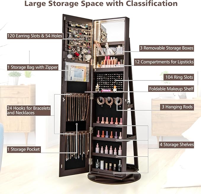MAT EXPERT 360° Rotating Jewelry Armoire, Lockable Freestanding Jewelry Organizer w/Full-length Mirror, 3-Color LED Lights, Rear Storage Shelves, Mirror Jewelry Cabinet for Bedroom (Espresso)