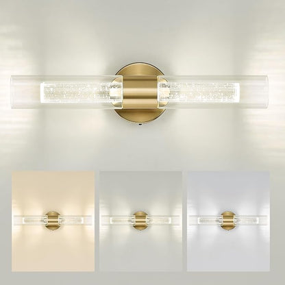 kudos Brushed Gold LED Vanity Light, Crystal Bubble and Clear Glass, 3CCT | 11W, 1000 Lumens,3000K, 4500K and 6000K Selectable, Hardwired, for Bathroom, Bedroom and Over Mirror, KDVL05-GD-2