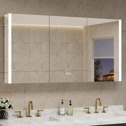 60 x 32 Inch Medicine Cabinet with Mirror and LED Light for Bathroom | Recessed, Wall-Mounted, Dimmable, Anti-Fog, Memory Function, 3 Color Mode, Outlet&USB, Adjustable Shelf, ETL Listed, Aluminum