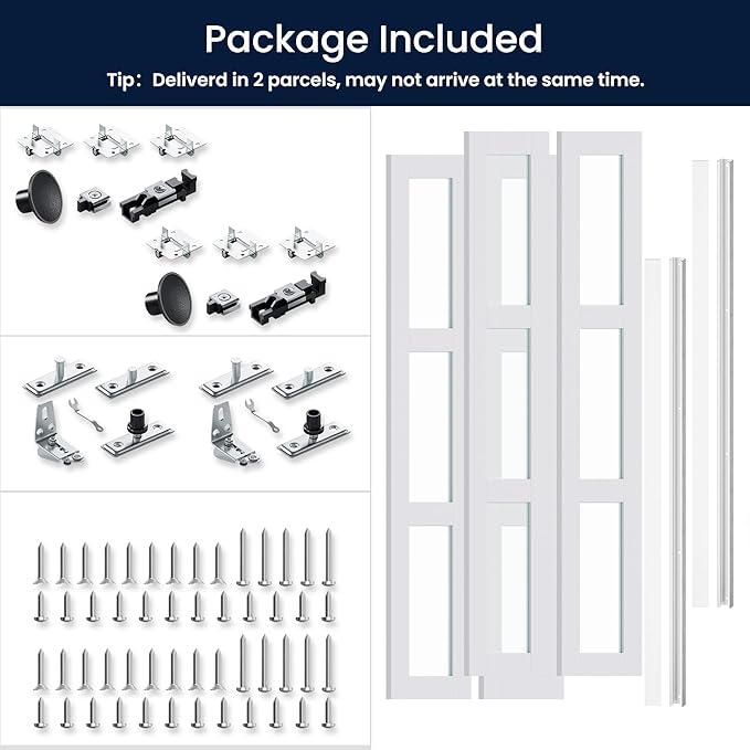 Bifold Doors for 72" x 80-3/4" Opening, 3-lite Tempered Frosted Glass Closet Folding Doors with Hardware kit Included, Easy Assembly, White | Closet Folding Doors with Hardware kit Included, Easy Assembly for Pantry Closet, White,Water-Proof PVC Surfac...