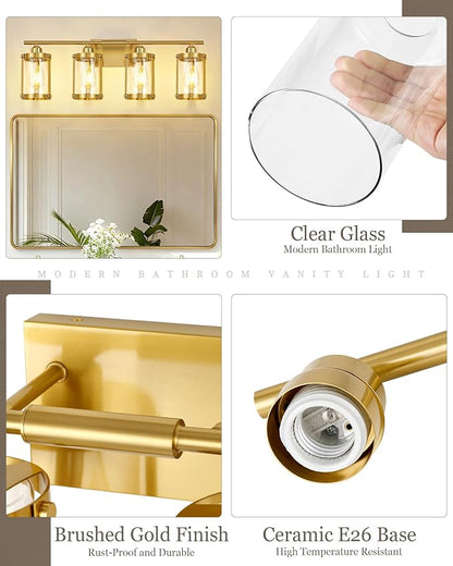 4-Light Brushed Gold Bathroom Light Fixtures with Clear Glass and Metal Cage, 29 Inch Modern Brass Vanity Lighting Over Mirror Wall Sconce Lights for Bath, E26, Rust-Proof, OS-3014BG-4W