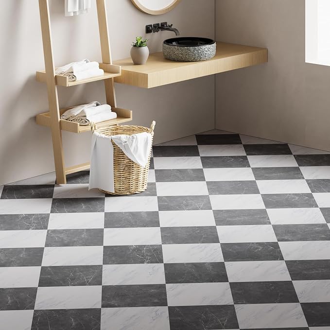 ATOPOSE Peel and Stick Vinyl Floor Tiles,10-Pack 12x12 Inch,Self Adhesive Waterproof Flooring Planks for Kitchen, Dining Room,Bathroom,Vestibule,Cover 10 Sq. Ft(Grey/White Marble,15 Tiles Per Color)