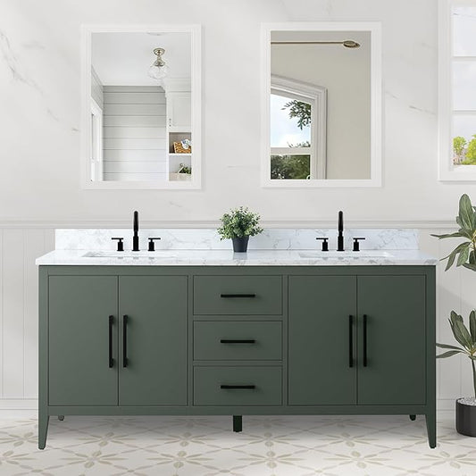 HomeBeyond 72 Inch Bathroom Vanity with Sink & Ceramic Top, Double Vanity Cabinet with Basin, Soft-Closing Doors & Matte Black Hardware, Vintage Green