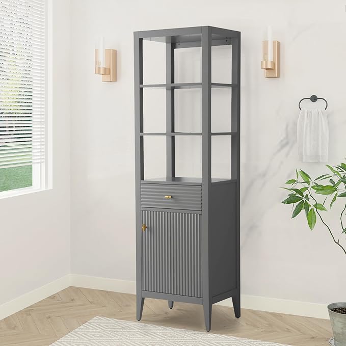 HOMEBEYOND Bathroom Vanity with Storage Cabinet & Shelves, Free-Standing Vanity with Soft-Closing Doors, Golden Brushed Handware, Cashmere Gray