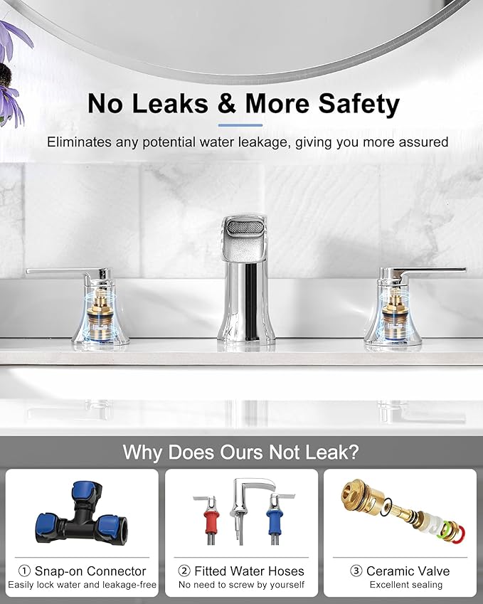 Chrome Bathroom Faucet, 2 Handles Brass Widespread Waterfall Faucet for Bathroom Sink, 4-10 Inch Sink Faucet Bathroom 3 Hole, Farmhouse RV Restroom Vanity Faucet with Pop Up Drain & Water Hoses