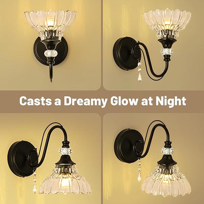 1 Piece Black Wall Sconce, 1-Light Black Farmhouse Wall Sconce with Hanging Crystal Accents and Flower-Shaped Clear Shades for Bathroom Bedroom Living Room,Vintage Vanity Light