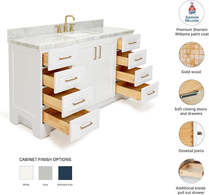 Emilia 60 Inch Bathroom Vanity Single Sink — White Bathroom Vanity with Sink, 1.5" Edge Italian Carrara Marble Countertop, Solid Wood, 2 Soft-Close Doors, 9 Dovetail Drawers