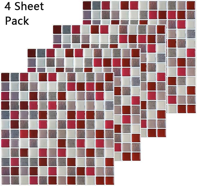 3D Mosaic Tile Sticker Removable Wallpaper Tile Red, 3D Self Adhesive Wall Tiles Bathroom Wall Tiles for Kitchen Backsplash Red, PVC Square Decorative Vinyl Decals, 4 Sheets