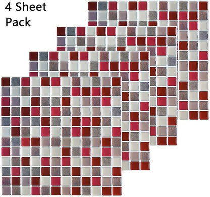 3D Mosaic Tile Sticker Removable Wallpaper Tile Red, 3D Self Adhesive Wall Tiles Bathroom Wall Tiles for Kitchen Backsplash Red, PVC Square Decorative Vinyl Decals, 4 Sheets
