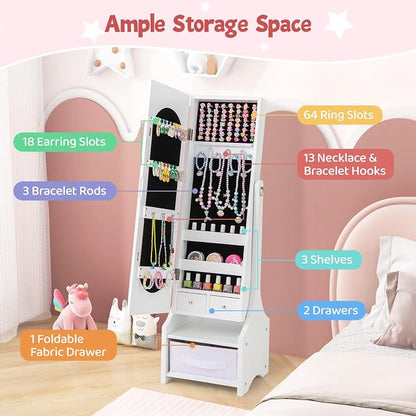 CHARMAID Kids Jewelry Armoire Cabinet - Standing jewelry Organizer for Girls, Full Length Mirror, Storage Drawers and Shelves, Kids Vanity Dressing Mirror with Storage (White)