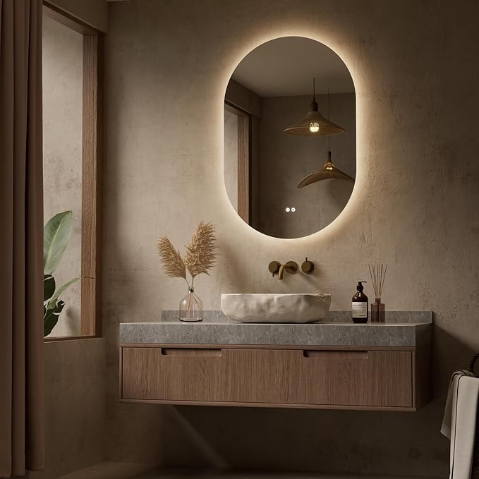 Keonjinn 24 x 36 Inch Oval LED Mirror with Backlit, Pill-Shaped Backlit Mirror Bathroom with HD Tempered Glass, UL-Listed Driver, 3000K/4500K/6500K, Defogging, Lighted Mirrors for Bathroom Wall