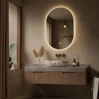 Keonjinn 24 x 36 Inch Oval LED Mirror with Backlit, Pill-Shaped Backlit Mirror Bathroom with HD Tempered Glass, UL-Listed Driver, 3000K/4500K/6500K, Defogging, Lighted Mirrors for Bathroom Wall