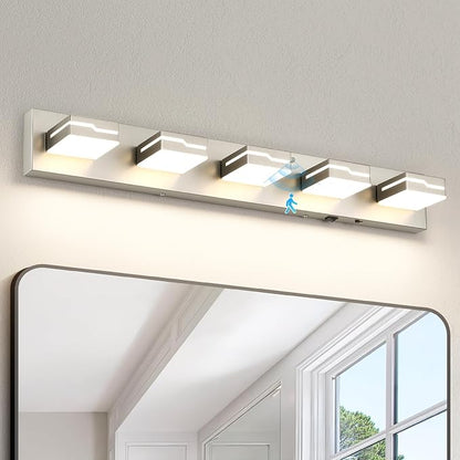 LED Modern Bathroom Vanity Light 5-Light, 32 inch 3CCT Dimmable Nickel Vanity Lights for Bathroom Lighting Fixtures Over Mirror, Wireless Motion Sensor Bathroom Vanity Light