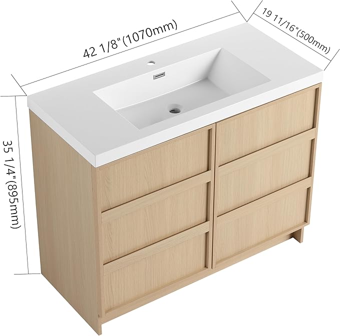 SSLine 42-Inch Bathroom Vanity with Sink Mid-Century Bathroom Vanities with Top Basin Floor Wood Bathroom Sink Cabinet with Soft-Close Doors & Adjustable Storage Shelves (Oak)