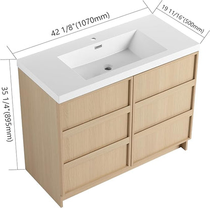 SSLine 42-Inch Bathroom Vanity with Sink Mid-Century Bathroom Vanities with Top Basin Floor Wood Bathroom Sink Cabinet with Soft-Close Doors & Adjustable Storage Shelves (Oak)
