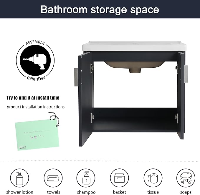 Malwee 24" Floating Bathroom Vanity with Sink, 24 Inch Single Sink Wall Mounted Bathroom Vanity, with 2 Doors and White Ceramic Basin Top, Black Cabinet Set with 3 Color Handles (081-24)