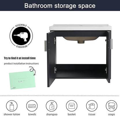 Malwee 24" Floating Bathroom Vanity with Sink, 24 Inch Single Sink Wall Mounted Bathroom Vanity, with 2 Doors and White Ceramic Basin Top, Black Cabinet Set with 3 Color Handles (081-24)