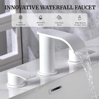 Ultimate Unicorn 8 inch Bathroom Faucet White, Waterfall Bathroom Sink Faucet with Metal Pop-up Drain Stopper and 2 Supply Hoses,2 Handle Widespread Faucets for Vanity Sink 3 Holes