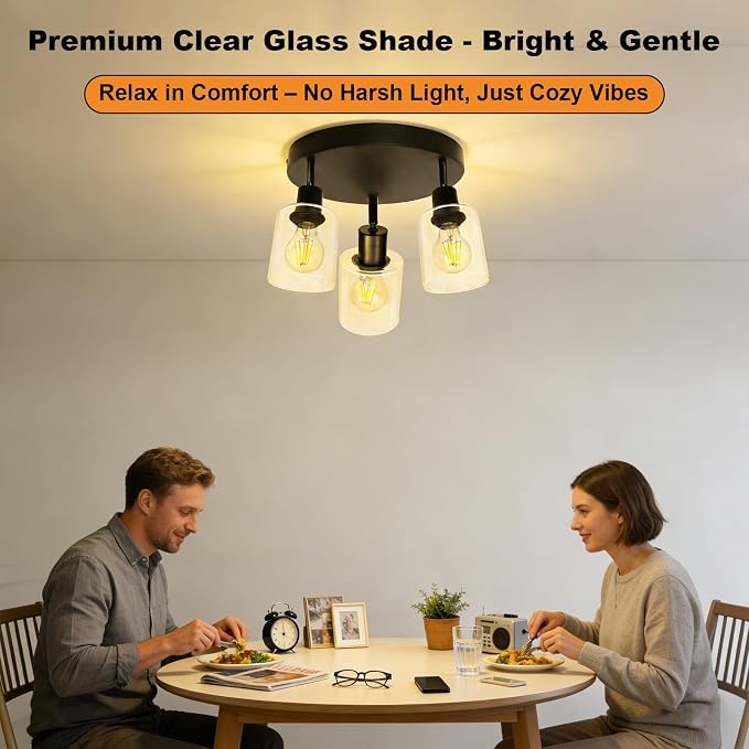 HiBay 3-Light Track Lighting Fixtures Ceiling Glass Directional Spotlight | Round 3 Heads with Glass Shades, Black Farmhouse Industrial, for Dining Area, Entryway, Closet, E26 Base