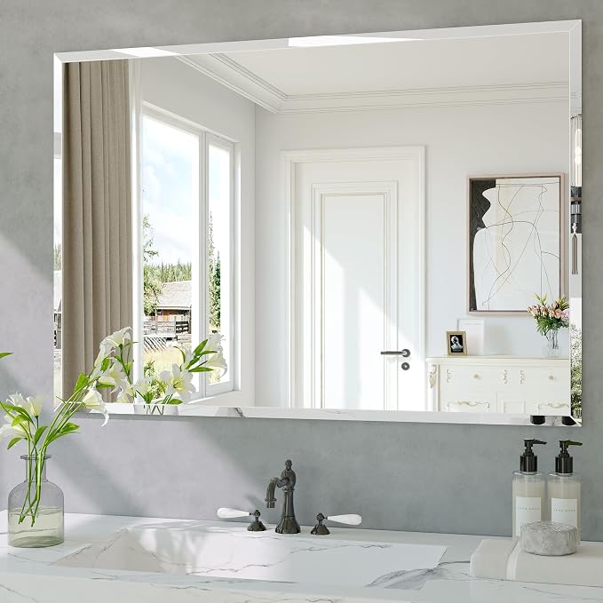 Frameless Bathroom Mirror, 40" x 28" Beveled Wall Mirror | 5mm HD glass, 20mm beveled edge, frameless, anti-rust, shatterproof, french cleat, horizontally or vertically